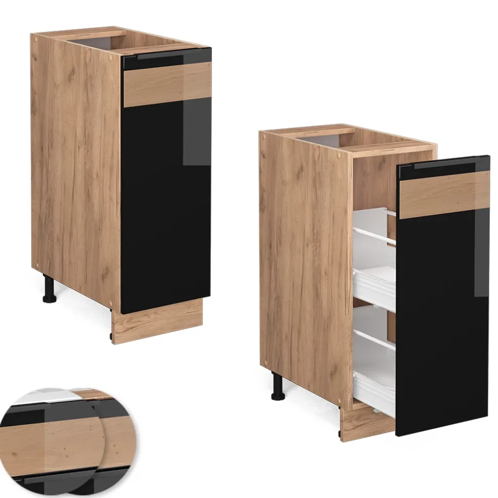 Apothekerschrank Fame-Line Schwarz Eiche hochglanz 30 cm , AP Marmor Vicco