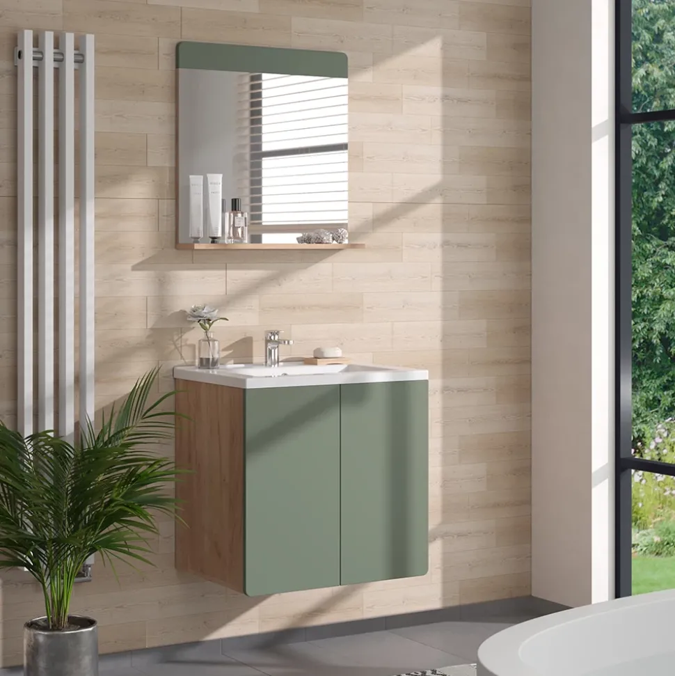 Badezimmerspiegel Izan Grün/Goldkraft Eiche 60 x 62 cm mit Ablage Vicco