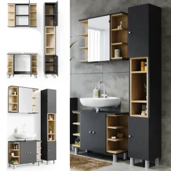 Badmöbel-Set Aquis Anthrazit 3 Teile, mit Hochschrank Vicco
