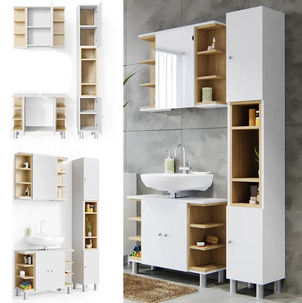 Badmöbel-Set Aquis Weiß 3 Teile, mit Hochschrank Vicco