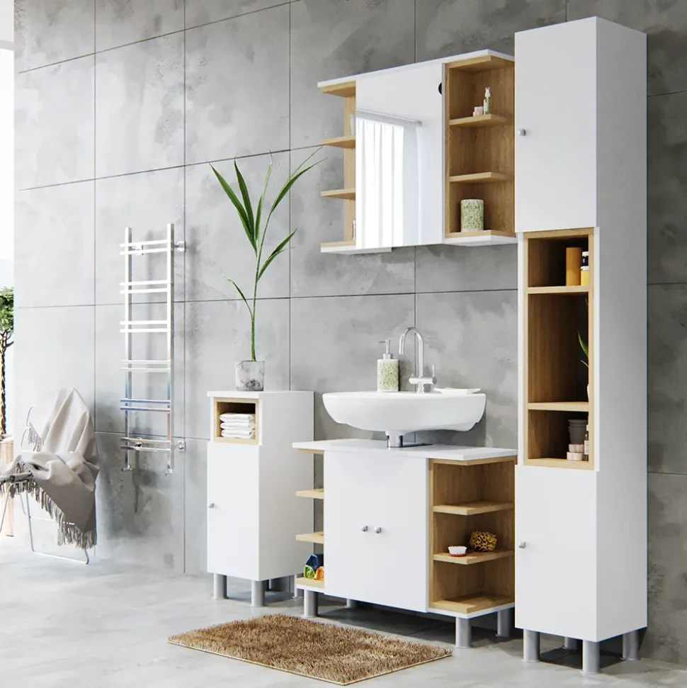 Badmöbel-Set Aquis Weiß 3 Teile, mit Hochschrank Vicco