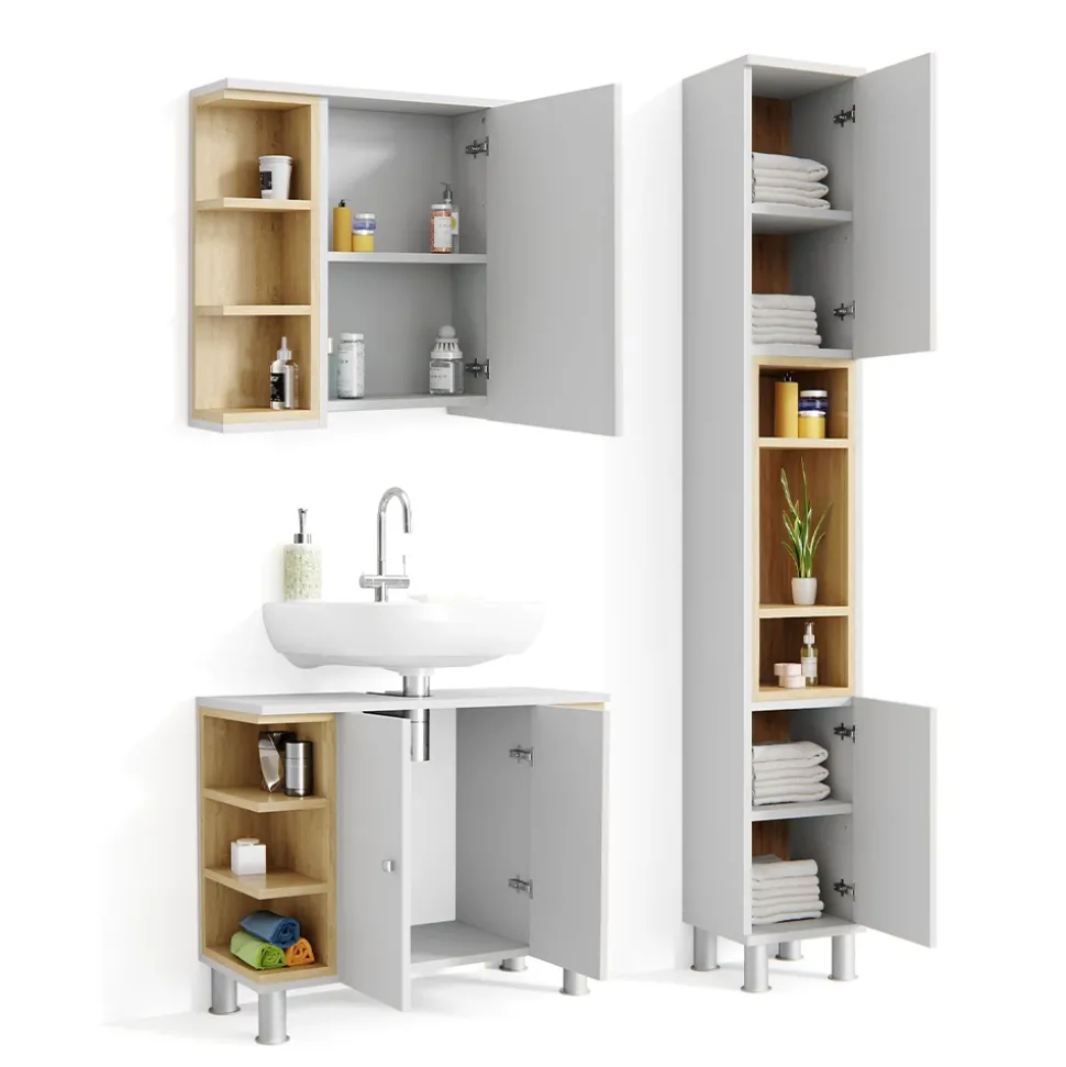 Badmöbel-Set Aquis Weiß 3 Teile, mit Hochschrank Vicco