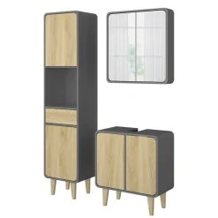 Badmöbel-Set Arla Anthrazit/Eiche 3 Teile, mit Hochschrank Vicco