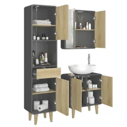 Badmöbel-Set Arla Anthrazit/Eiche 3 Teile, mit Hochschrank Vicco