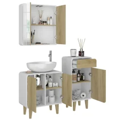 Badmöbel-Set Arla Weiß/Eiche 3 Teile, mit Midischrank Vicco