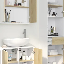 Badmöbel-Set Arla Weiß/Eiche 3 Teile, mit Hochschrank Vicco