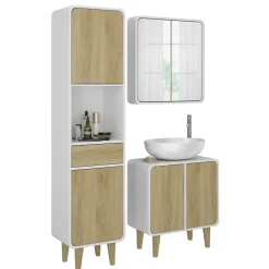 Badmöbel-Set Arla Weiß/Eiche 3 Teile, mit Hochschrank Vicco