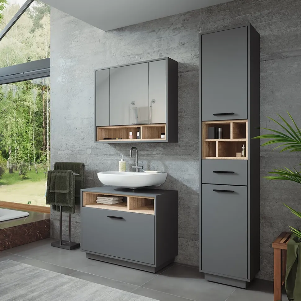 Badmöbel-Set Beatrice Anthrazit/Sonoma 3 Teile mit Hochschrank Vicco