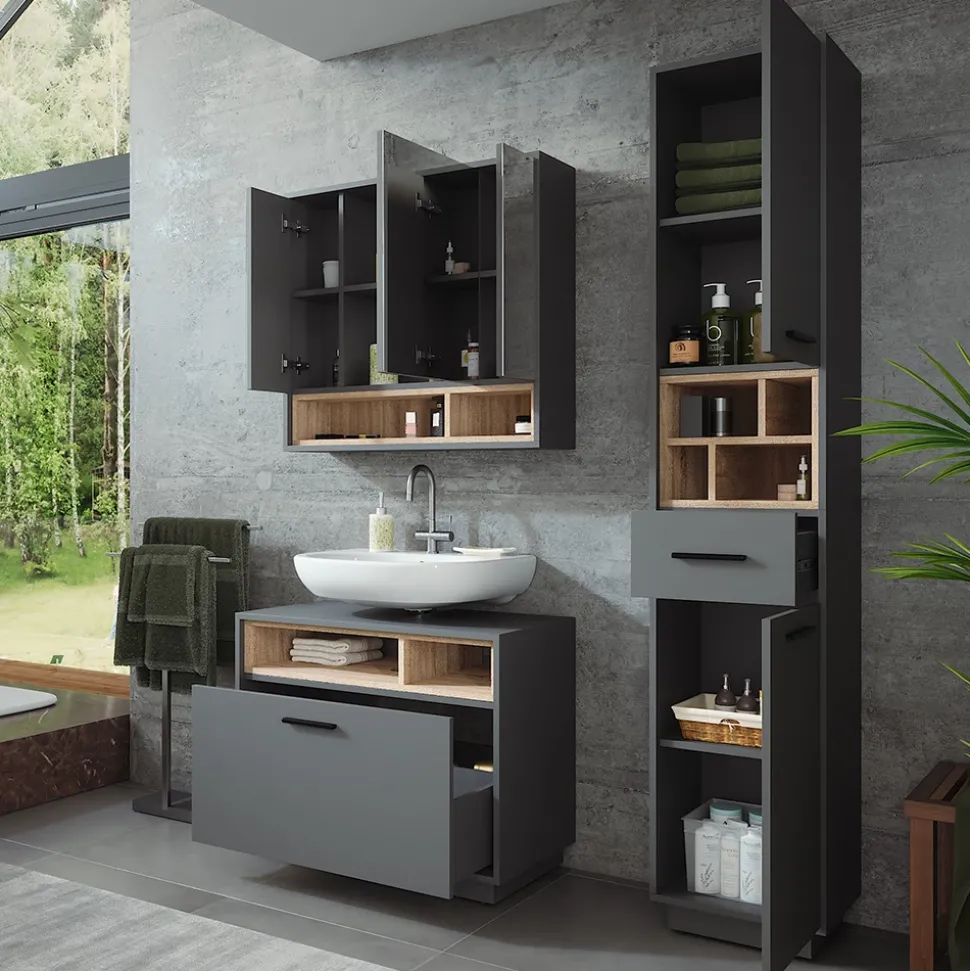 Badmöbel-Set Beatrice Anthrazit/Sonoma 3 Teile mit Hochschrank Vicco