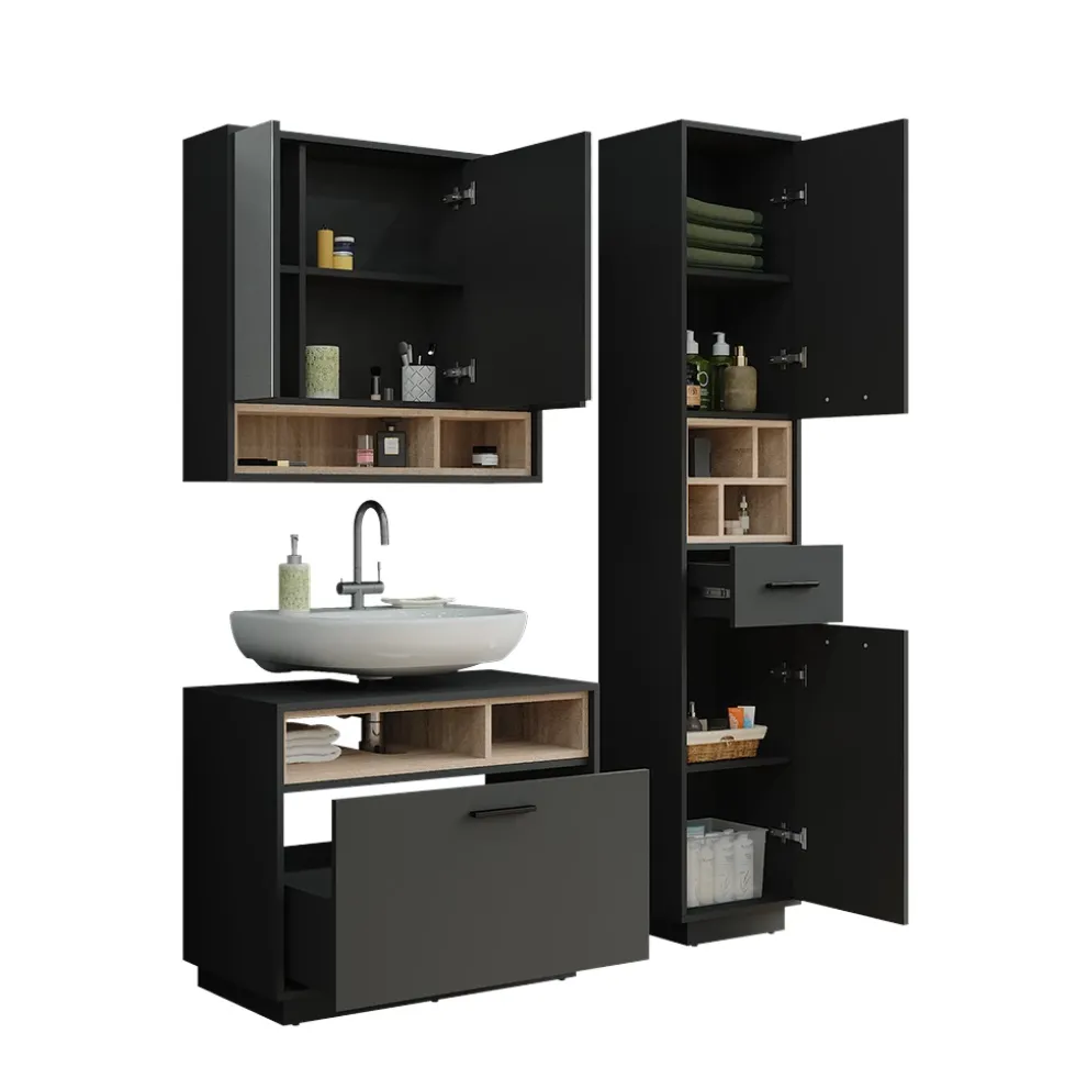 Badmöbel-Set Beatrice Anthrazit/Sonoma 3 Teile mit Hochschrank Vicco