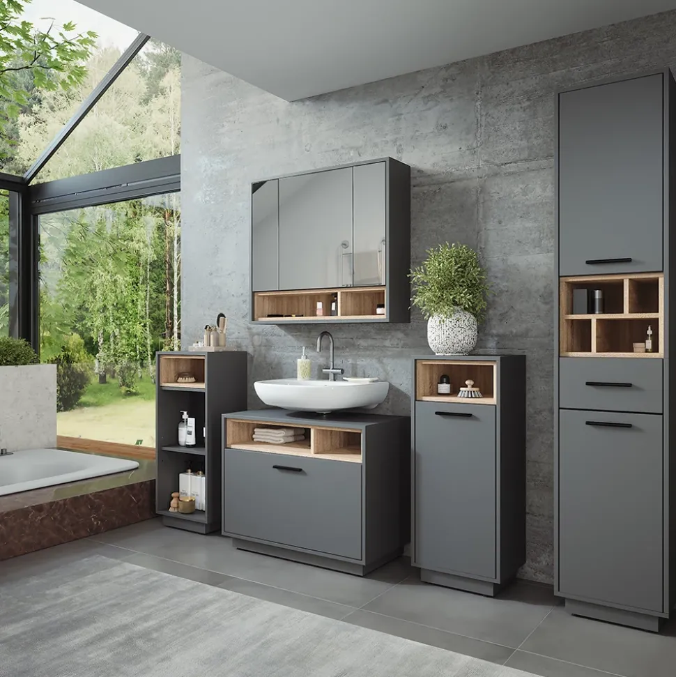 Badmöbel-Set Beatrice Anthrazit/Sonoma 3 Teile mit Hochschrank Vicco