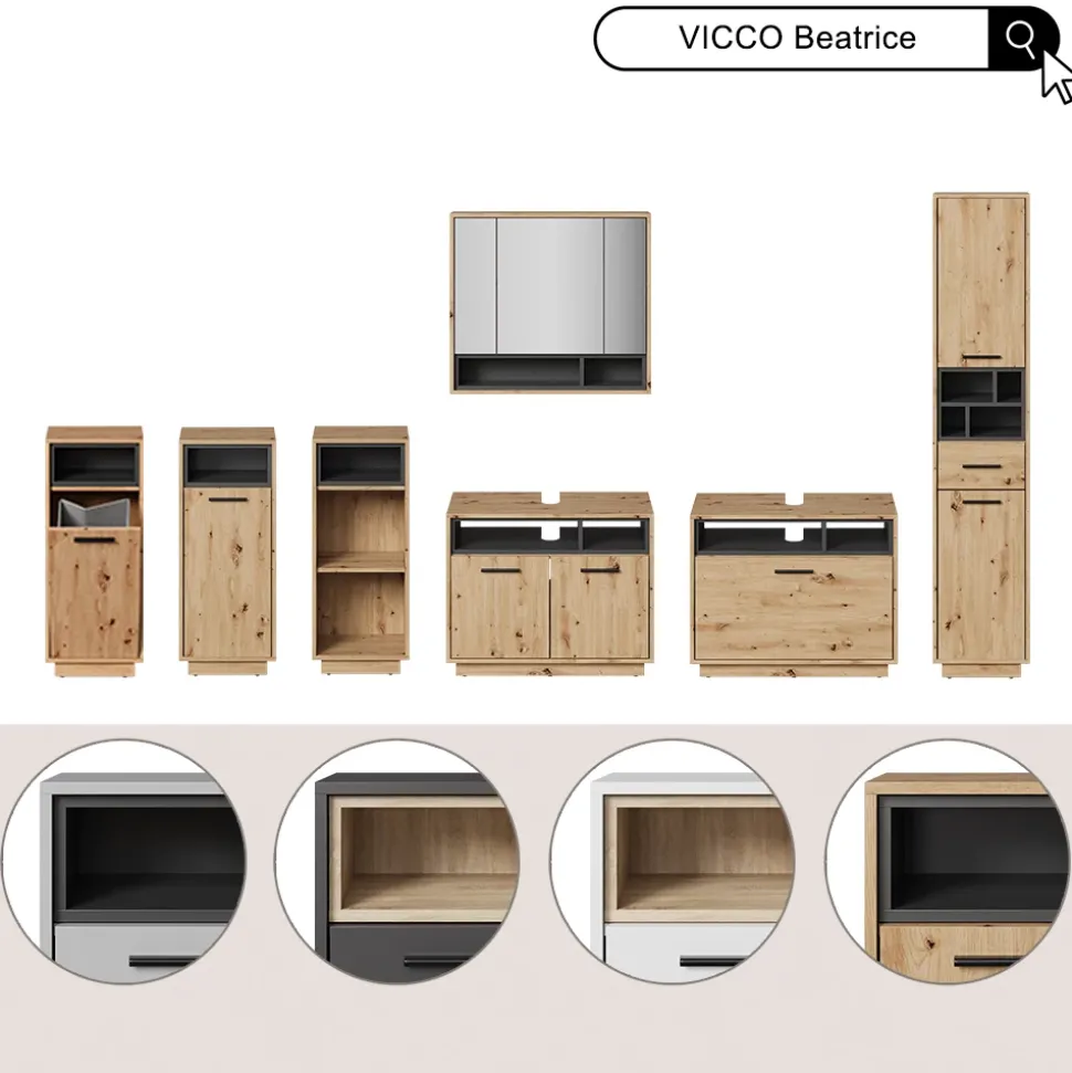 Badmöbel-Set Beatrice Anthrazit/Sonoma 3 Teile mit Hochschrank Vicco