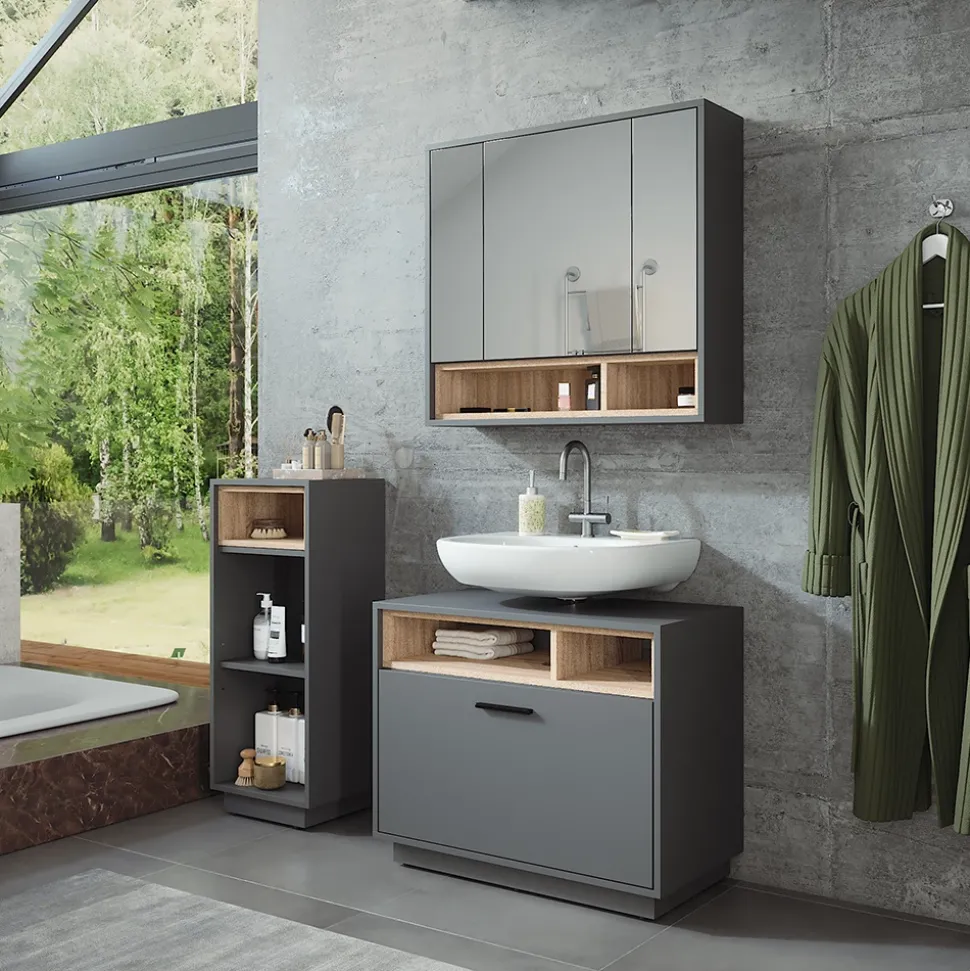 Badmöbel-Set Beatrice Anthrazit/Sonoma 3 Teile mit Midischrank Vicco