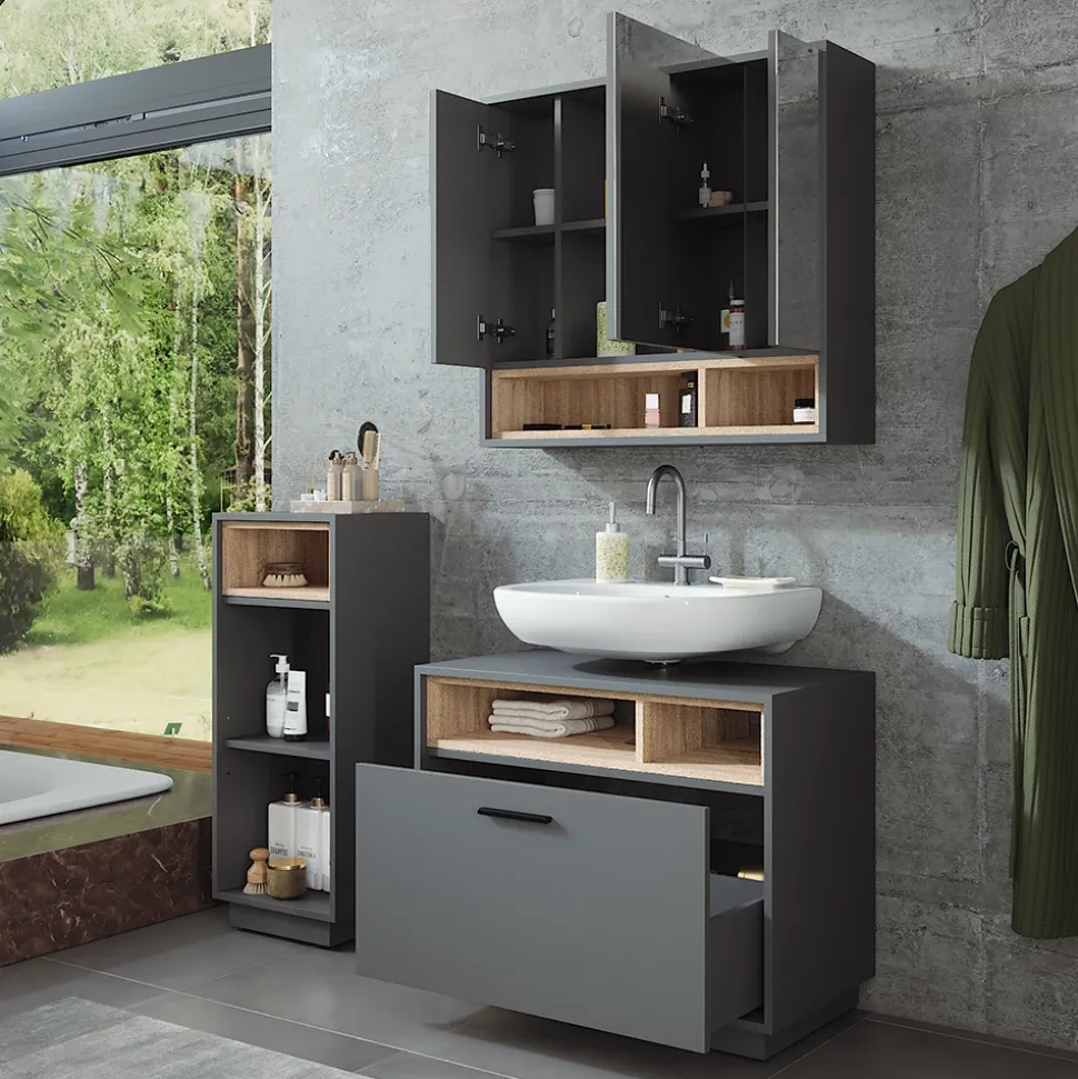 Badmöbel-Set Beatrice Anthrazit/Sonoma 3 Teile mit Midischrank Vicco