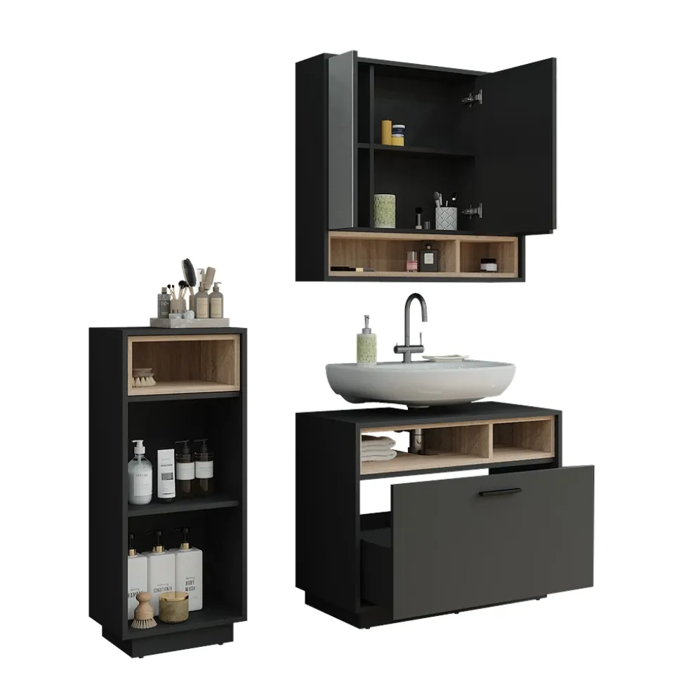 Badmöbel-Set Beatrice Anthrazit/Sonoma 3 Teile mit Midischrank Vicco