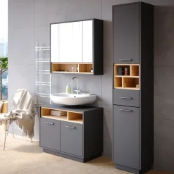 Badmöbel-Set Beatrice Anthrazit 3 Teile, mit Hochschrank Vicco