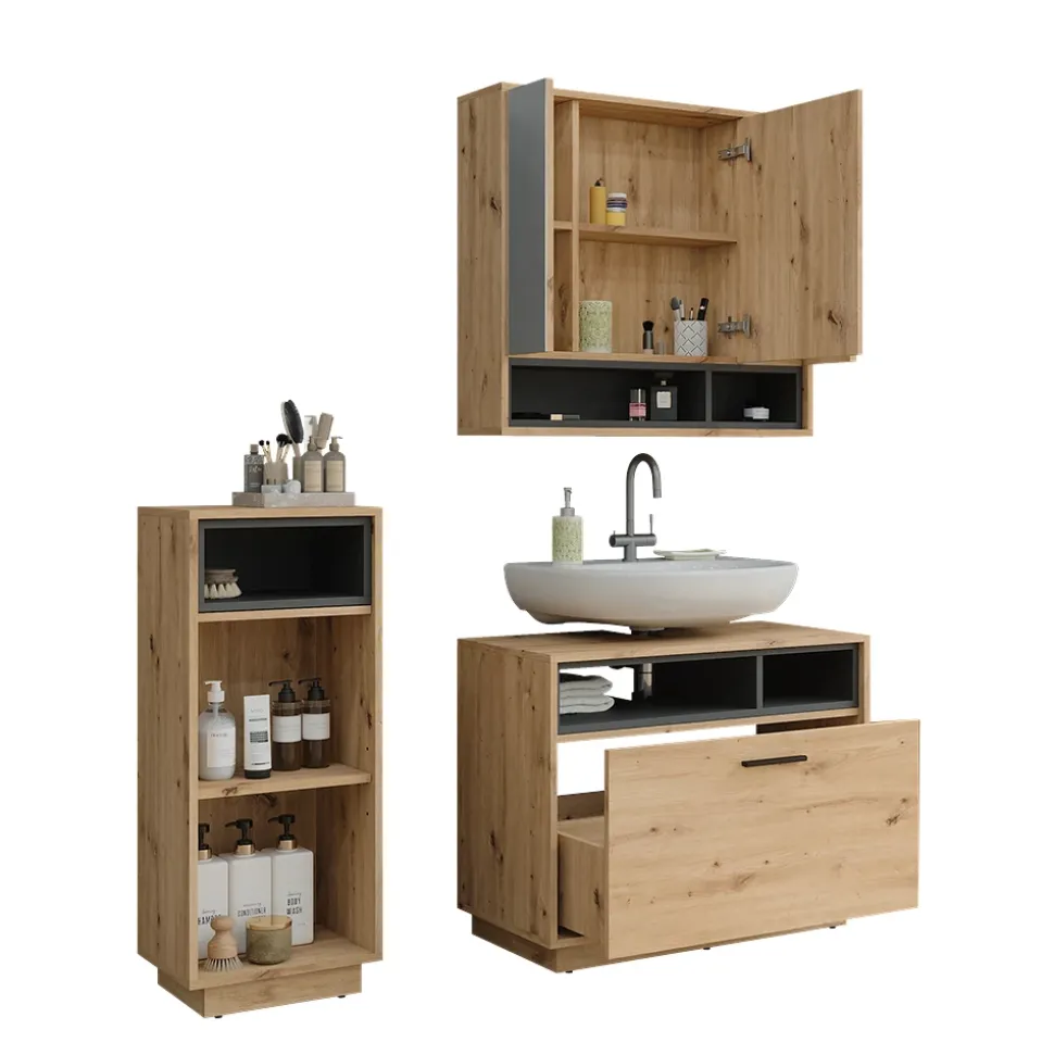 Badmöbel-Set Beatrice Artisan Eiche/Anthrazit 3 Teile mit Midischrank Vicco