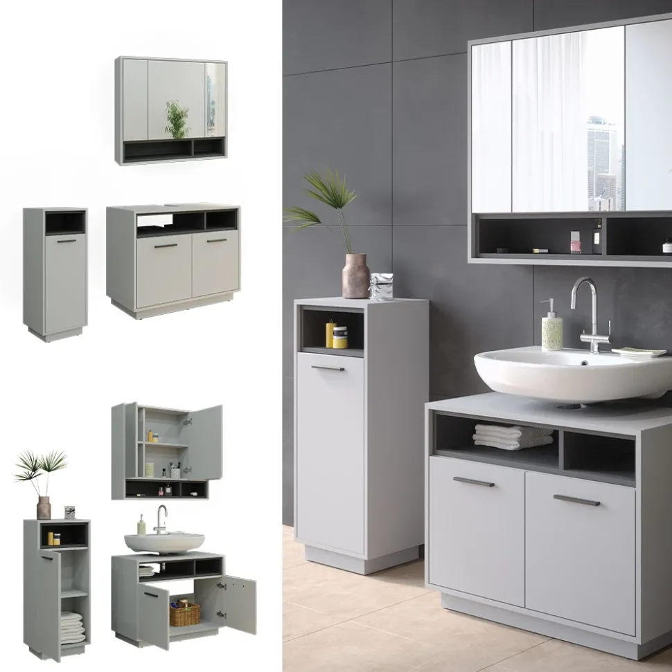 Badmöbel-Set Beatrice Grau 3 Teile Vicco