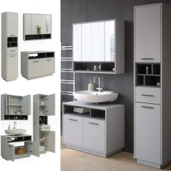 Badmöbel-Set Beatrice Grau 3 Teile, mit Hochschrank Vicco