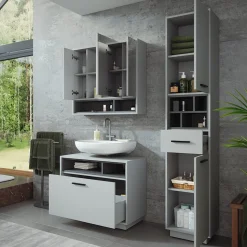 Badmöbel-Set Beatrice Grau/Anthrazit 3 Teile mit Hochschrank Vicco