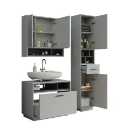 Badmöbel-Set Beatrice Grau/Anthrazit 3 Teile mit Hochschrank Vicco