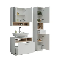 Badmöbel-Set Beatrice Weiß/Sonoma 3 Teile mit Hochschrank Vicco