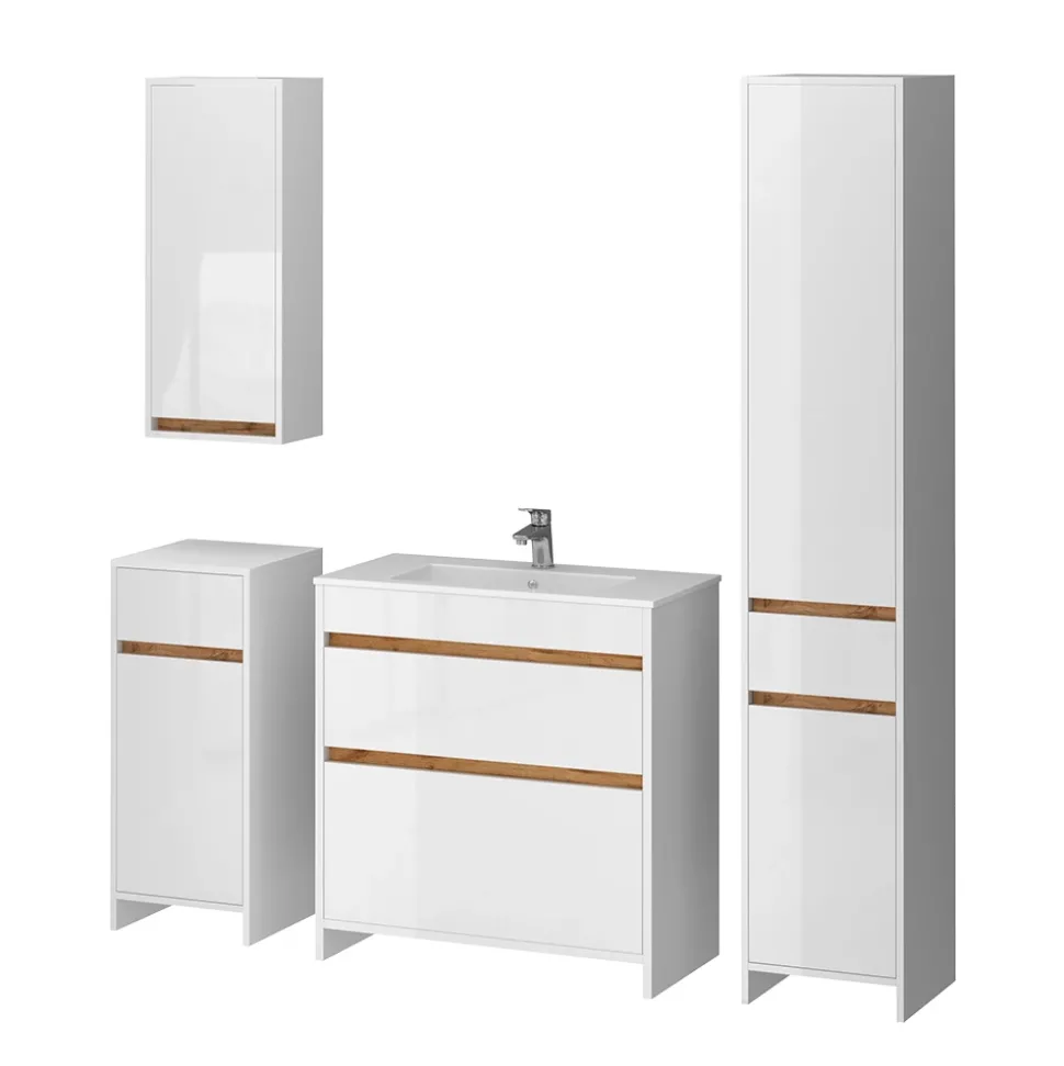 Badmöbel-Set Detmold Weiß Hochglanz/Goldkraft Eiche 5er-Set Vicco