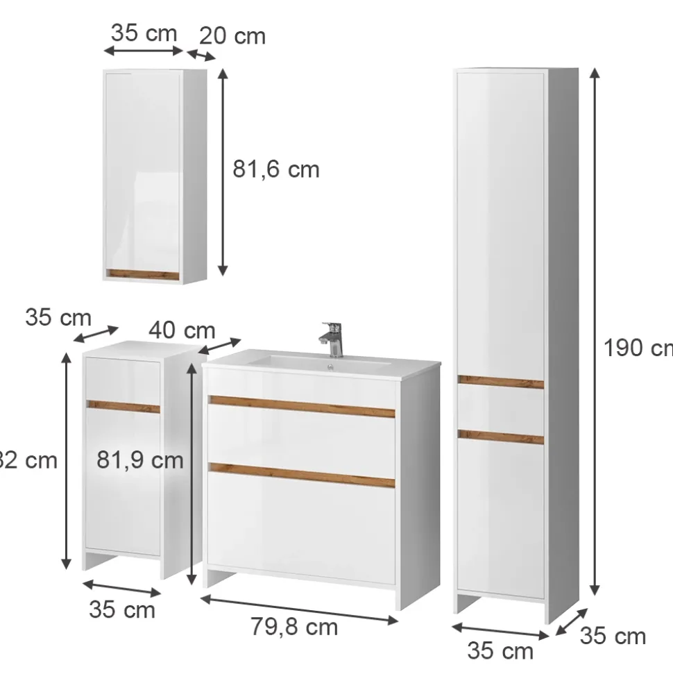 Badmöbel-Set Detmold Weiß Hochglanz/Goldkraft Eiche 5er-Set Vicco