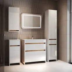 Badmöbel-Set Detmold Weiß Hochglanz/Goldkraft Eiche 5er-Set Vicco