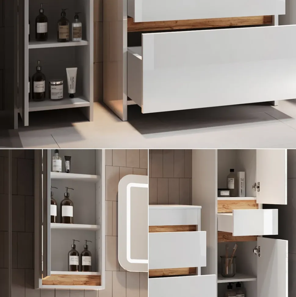 Badmöbel-Set Detmold Weiß Hochglanz/Goldkraft Eiche 5er-Set Vicco