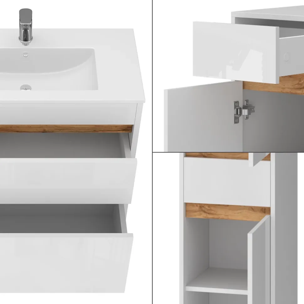 Badmöbel-Set Detmold Weiß Hochglanz/Goldkraft Eiche 5er-Set Vicco