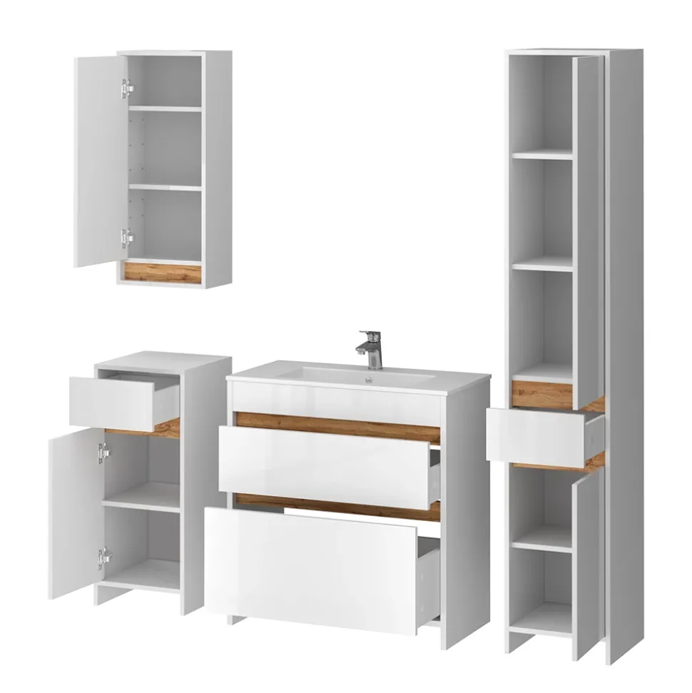 Badmöbel-Set Detmold Weiß Hochglanz/Goldkraft Eiche 5er-Set Vicco