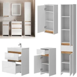 Badmöbel-Set Detmold Weiß Hochglanz/Goldkraft Eiche 5er-Set Vicco