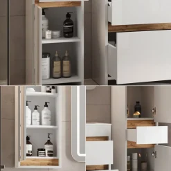 Badmöbel-Set Detmold Weiß Hochglanz/Goldkraft Eiche 5er-Set Vicco