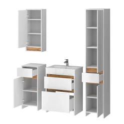 Badmöbel-Set Detmold Weiß Hochglanz/Goldkraft Eiche 5er-Set Vicco