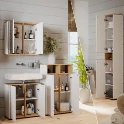 Badmöbel-Set Didi Weiß/Artisan 4 Teile, mit Hochschrank und Midischrank mit Türen Vicco