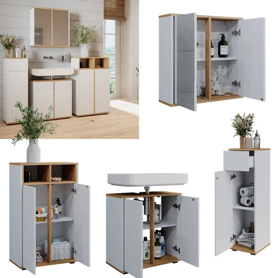 Badmöbel-Set Didi Weiß/Artisan 4 Teile mit zwei Midischränken Vicco