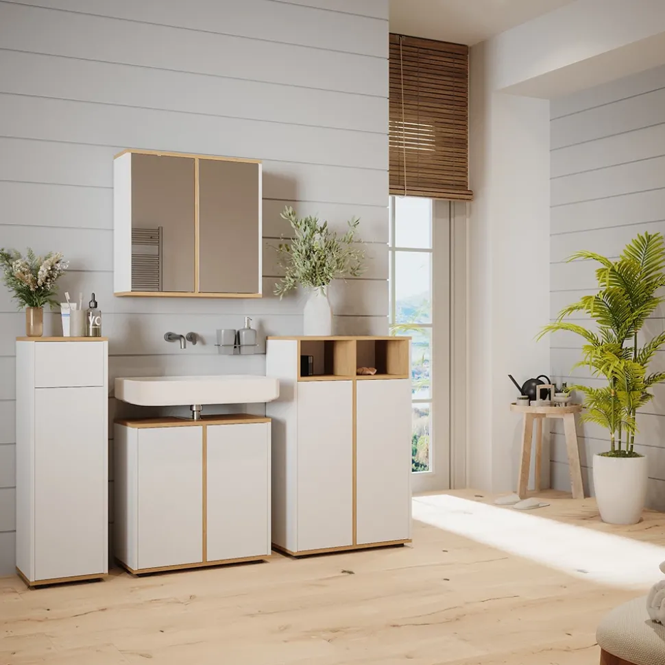 Badmöbel-Set Didi Weiß/Artisan 4 Teile mit zwei Midischränken Vicco