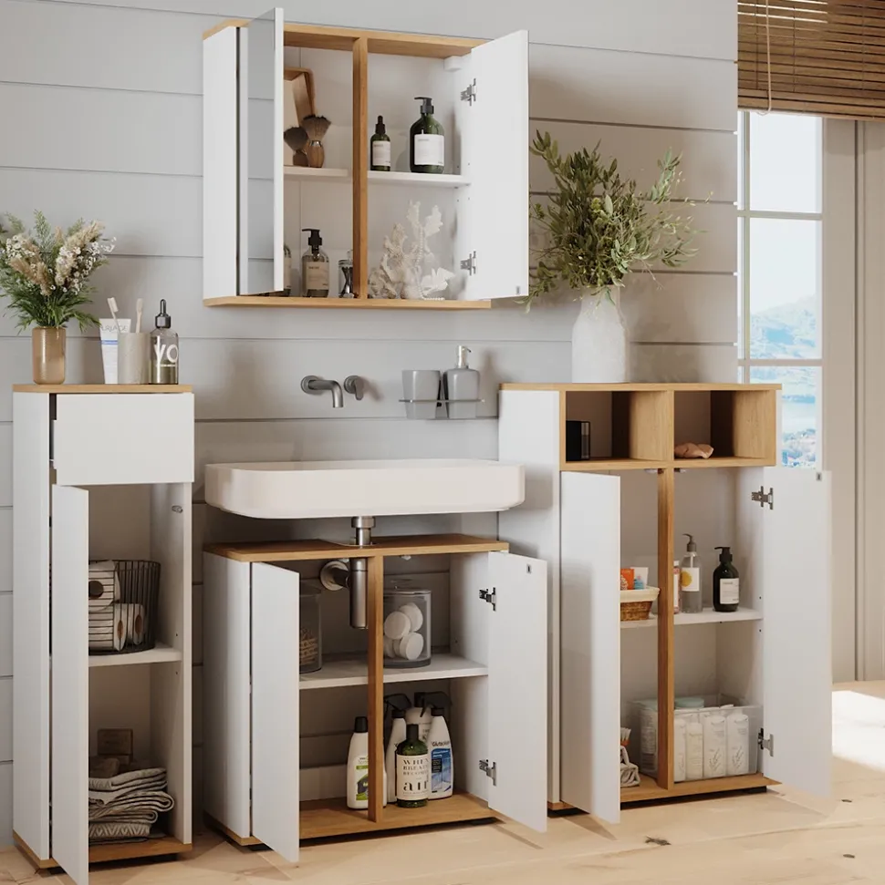 Badmöbel-Set Didi Weiß/Artisan 4 Teile mit zwei Midischränken Vicco