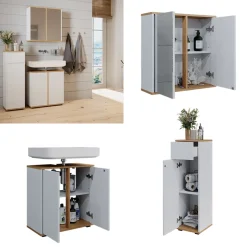 Badmöbel-Set Didi Weiß/Artisan 3 Teile, Midischrank mit mit Schubladen 60 cm Vicco