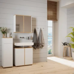 Badmöbel-Set Didi Weiß/Artisan 3 Teile, Midischrank mit mit Schubladen 60 cm Vicco