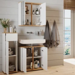 Badmöbel-Set Didi Weiß/Artisan 3 Teile, Midischrank mit mit Schubladen 60 cm Vicco