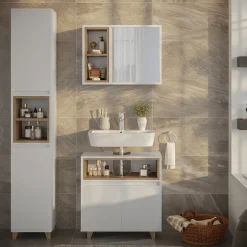 Badmöbel-Set Elnor Weiß/Eiche 3 Teile mit Hochschrank Vicco