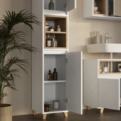 Badmöbel-Set Elnor Weiß/Eiche 3 Teile mit Hochschrank Vicco