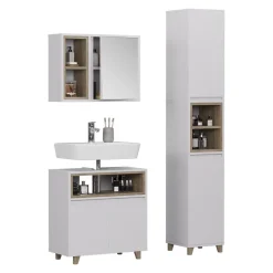 Badmöbel-Set Elnor Weiß/Eiche 3 Teile mit Hochschrank Vicco