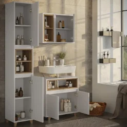 Badmöbel-Set Elnor Weiß/Eiche 3 Teile mit Hochschrank Vicco