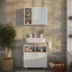 Badmöbel-Set Elnor Weiß/Eiche mit Spiegelschrank und Unterschrank Vicco