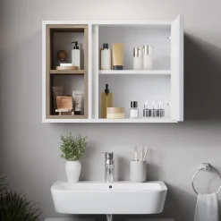 Badmöbel-Set Elnor Weiß/Eiche mit Spiegelschrank und Unterschrank Vicco