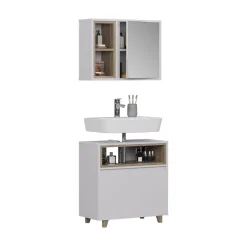 Badmöbel-Set Elnor Weiß/Eiche mit Spiegelschrank und Unterschrank Vicco