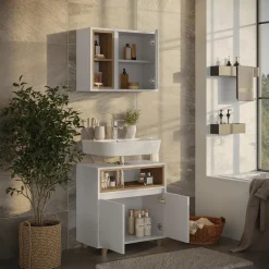 Badmöbel-Set Elnor Weiß/Eiche mit Spiegelschrank und Unterschrank Vicco